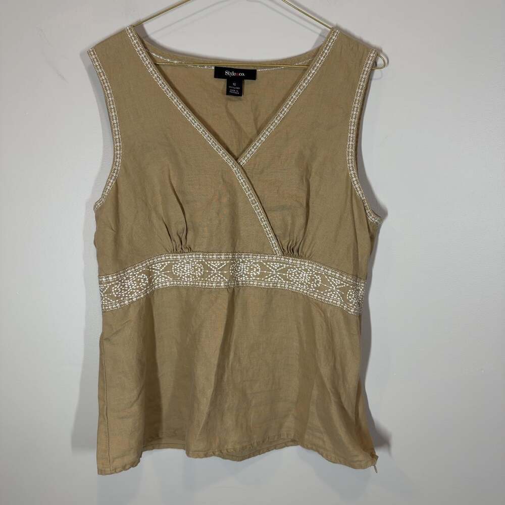 Style & Co. Tan 100% Linen Sleeveless Blouse White Embroidery Wrap Look 12